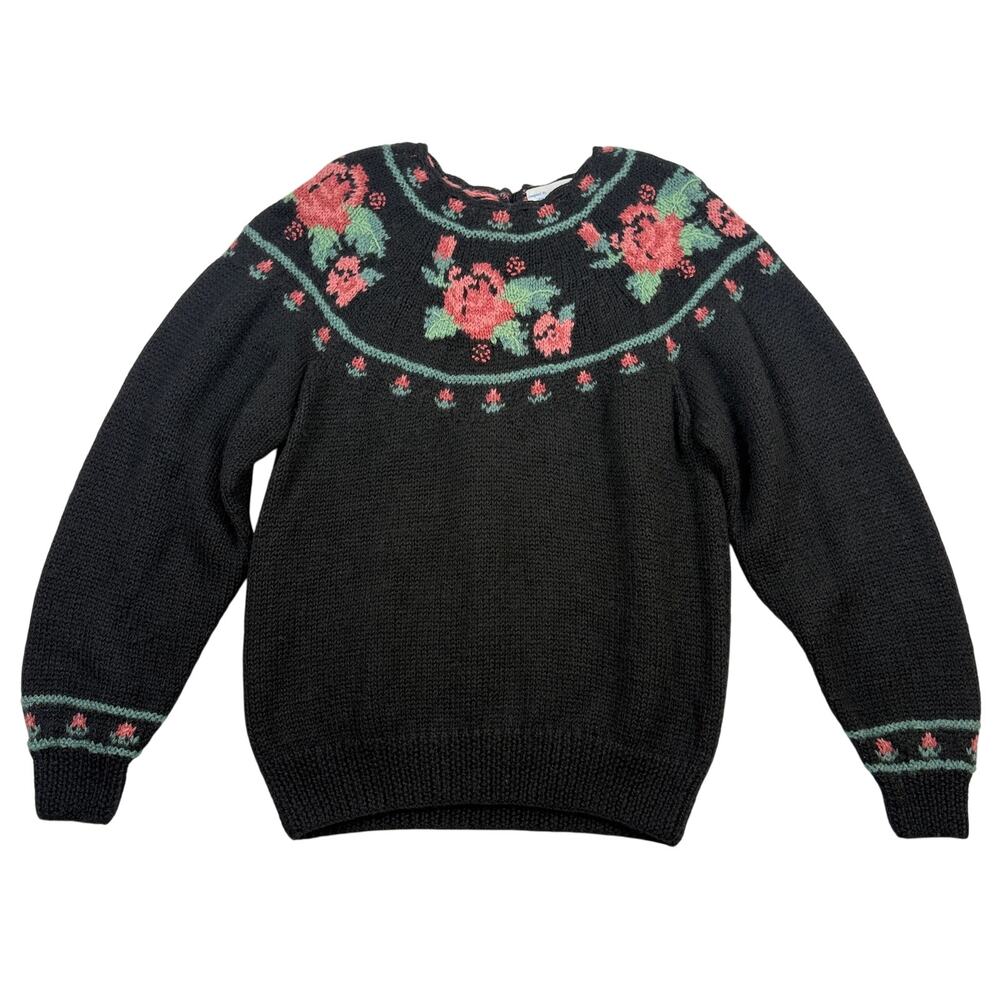 Vintage Deans of Scotland Wool Sweater Sz Large Black Rose Floral Cottagecore